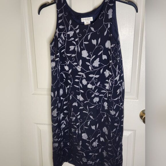 Jones New York 8P Navy Blue Floral Print Linen SILK Blend Sleeveless Women Dress - Picture 1 of 5